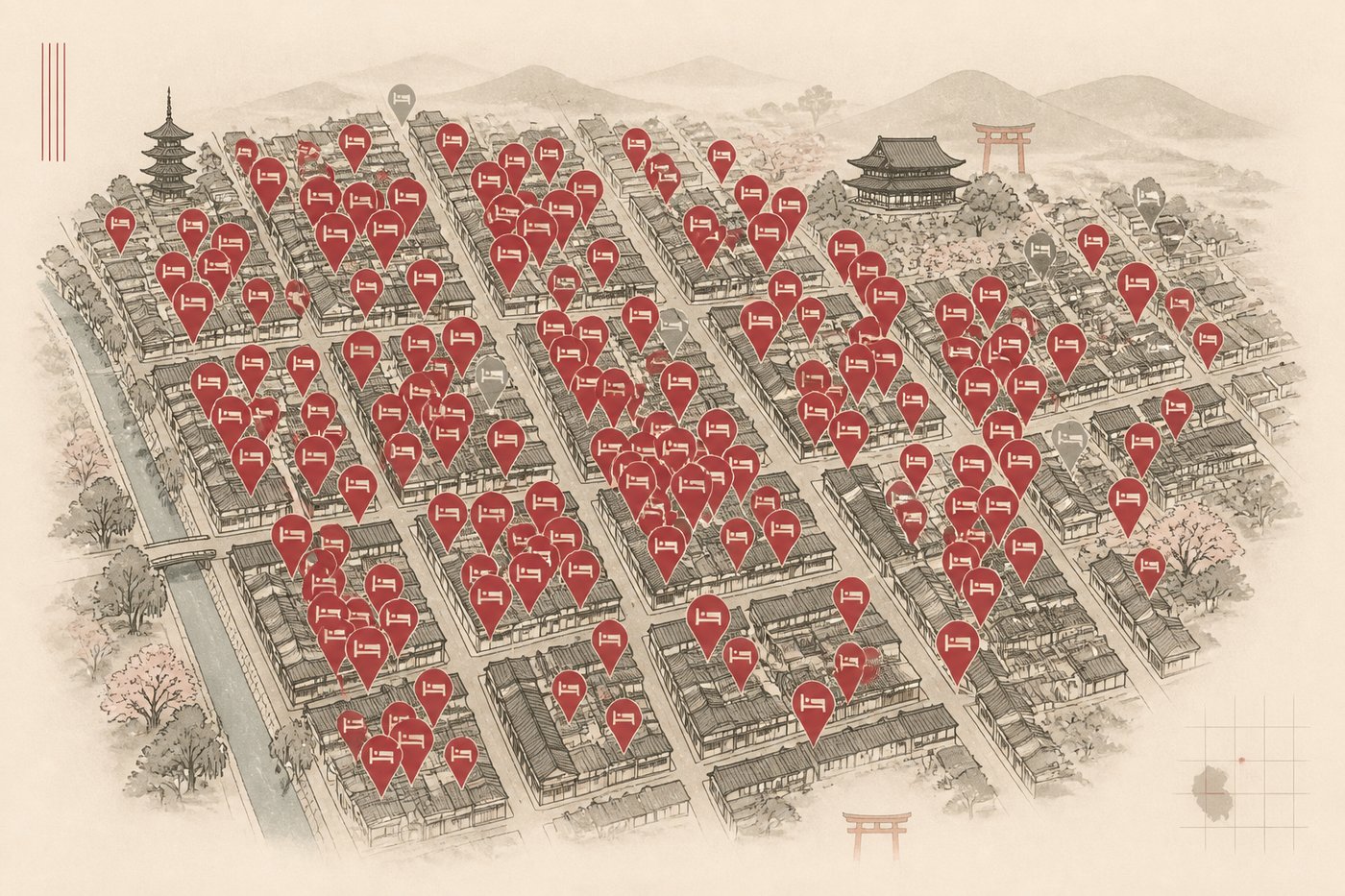 京都市街の俯瞰イラスト。赤いピンが街区全体に密集し、民泊の飽和を視覚化