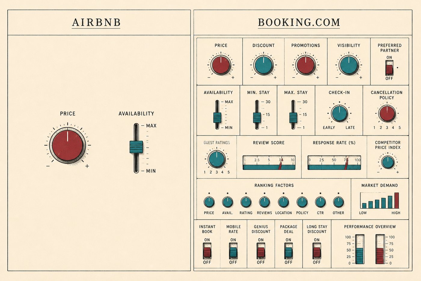 Airbnbの操作盤とBooking.comの操作盤の比較イラスト。Airbnb側はつまみ2つだけ、Booking.com側は20以上のレバー・スイッチが並ぶ